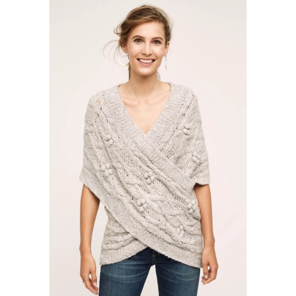 Anthropologie Sleeping on Snow Gray Cabled Crossover Alpaca Wool Sweater XS S